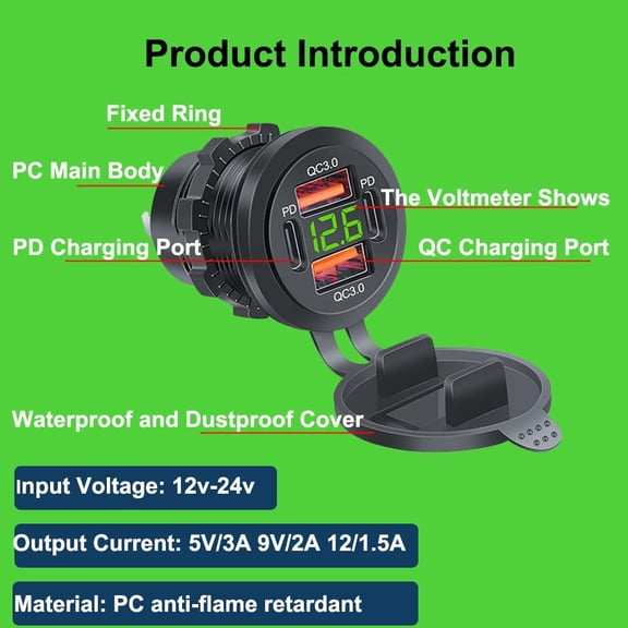 MINSUI-4 Ports USB Car Charger Total 72W, DC 12-24V, USB C PD Max 36W, USB A QC Max 18W, Dashboard Flush Mount Charge Outlet Socket for RV Bus Boats Truck, Red Light