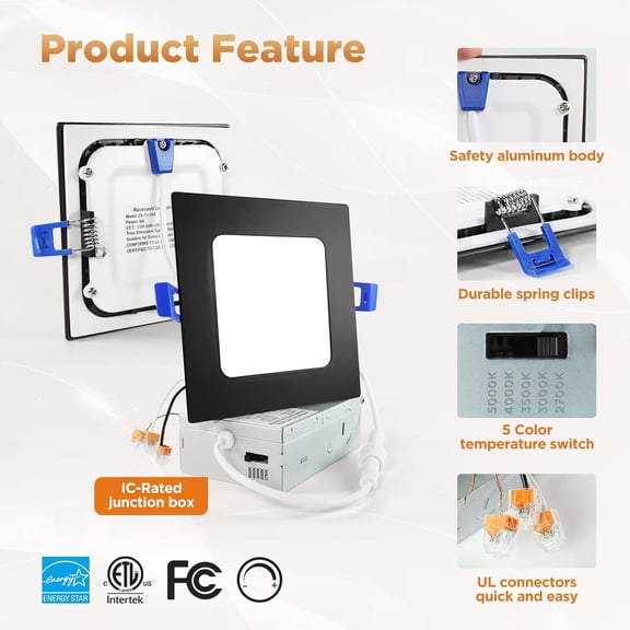 MINSUI-4 inch Square recessed Lighting, Square LED Downlight, 5CCT Selectable 2700K-5000K, 750LM Slim Canless Ceiling Light with J-Box, IC Rated, Waterproof, Black, 6 Pack