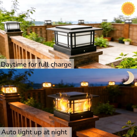 MINSUI-4x4 Solar Post Cap Lights Outdoor with Flickering Flame Light, Black Shell Fence Post Solar Lights Fit 4x4 Vinyl/Wooden Posts, Brightness LED Lighting Decor for Garden Deck Patio, 2 Pack