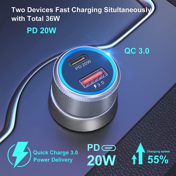 MINSUI-5 Pack USB C Car Charger, 36W Dual USB Car Adapter Fast Charge PD&QC 3.0 Cigarette Lighter USB Charger Compatible iPhone 15 14 13 12 11 Pro Max SE,iPad,Samung S24/S21/S20, Pixel(Grey)