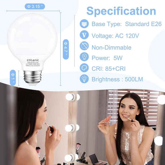 MINSUI-5000K Daylight Globe Light Bulbs, E26 Standard Base, 5W(60 Watt Equivalent Incandescent Replacement), 500LM, Non-Dimmable, 8-Pack, Bathroom G25 LED Vanity Light Bulb