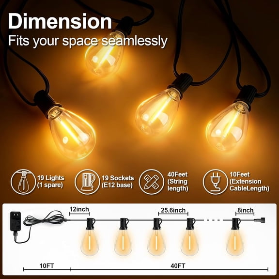 MINSUI-50FT Outdoor String Lights, 15m Waterproof Remote LED Patio Lights with 19+1 S11 Bulbs 10FT Extension Cable, Dimmable Outside Hanging Lights for House, Porch,Yard,Garden,Bistro, Gazebo lightin