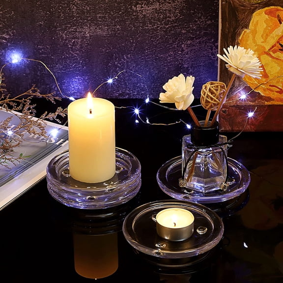 MINSUI-5PCS Clear Glass Candle Plates 3 Inch Pillar Candle Holders, Glass Coasters Small Round Candle Base & Plates and Trays for Dining Wedding Table Centerpieces