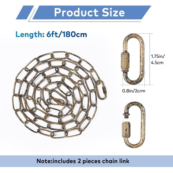 MINSUI-6 Feet Aged Gold Light Fixture Chain, Adjustable Metal Pendant Chandelier Chain Extension with Detachable Link, Maximum Load is 66 Pounds