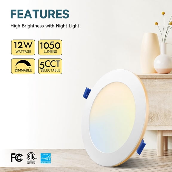 MINSUI-6 Inch 5CCT LED Recessed Ceiling Light with Night Light, 12W 1050Lm Slim Canless Wafer Downlight, Dimmable & 5 Color Selectable Recessed Lighting, ETL&FCC Listed
