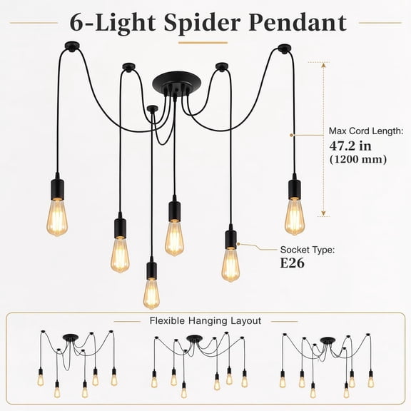 MINSUI-6-Light Spider Pendant Chandelier, Adjustable 48.4" Cords, E26 Sockets, Black Industrial Multi-Light Ceiling Fixture for Kitchen Island, Dining Room