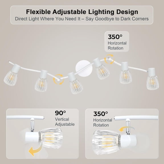 MINSUI-6-Light Track Lighting, Flexible Modern Ceiling Light Fixture White w/Glass Shades, Flush Mount Ceiling Wall Track Spot Lights Indoor for Kitchen, Living Room, Bedroom, E12 Base, No Bulbs