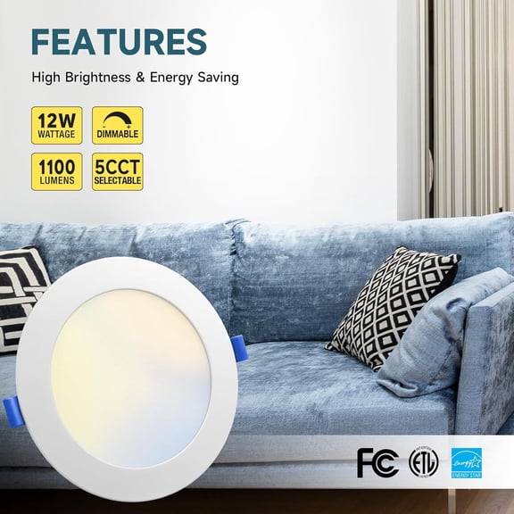 MINSUI-6 Pack 6 Inch 5CCT Ultra-Thin LED Recessed Ceiling Light with Junction Box, 2700K/3000K/4000K/5000K/6000K Selectable, 12W, 1100Lm, Dimmable Canless Recessed Lighting, ETL&FCC Listed