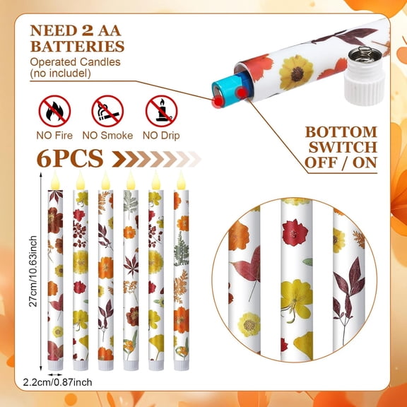 MINSUI-6 Pcs Thanksgiving Flameless Taper Candles 10.6" LED Fall Candle Sticks Maple Leaf Battery Operated Taper Candles Flickering for Autumn Thanksgiving Harvest Dinner Table Home Party Decor