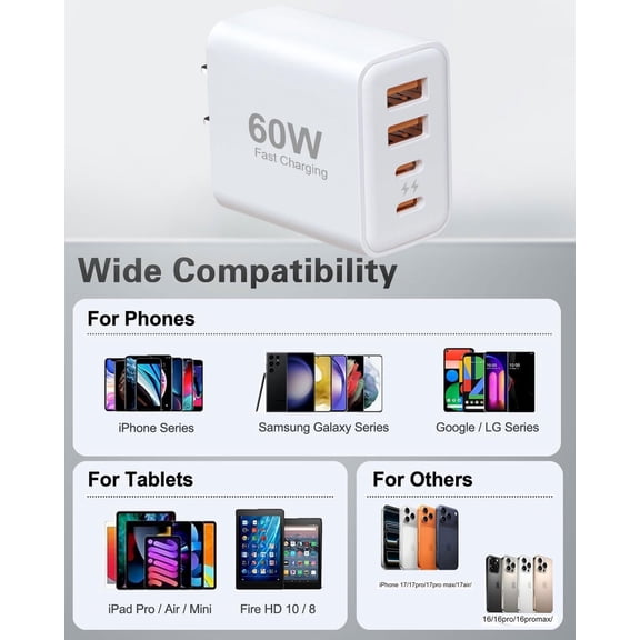 MINSUI-60W Fast Charger Block, 2 Pack, 2USB A+2USB C (30W+30W) Wall Charger, Multiport USB Charging Hub Compatible with iPhone 17/16/15/14/13, Android Devices.