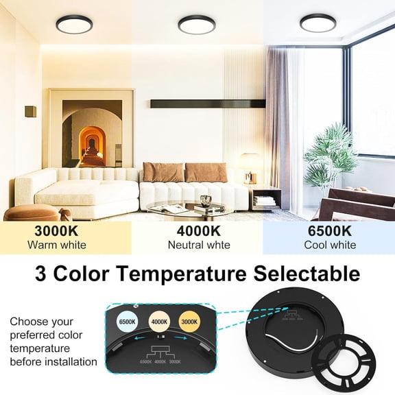 MINSUI-6Pack 7 inch Flush Mount Ceiling Light - 15W 1500Lm Surface Mount LED Light Fixture,3000k/4000k/6500k Color Selectable, Black Thin Flat Round LED Lamp for Bathroom Kitchen Laundry