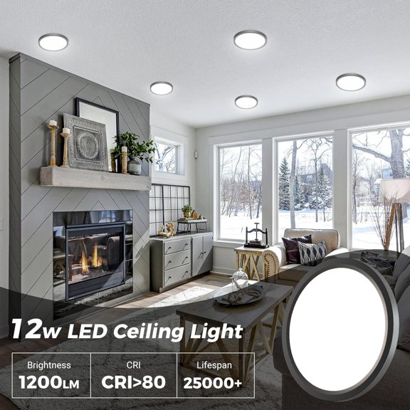 MINSUI-6Pack LED Ceiling Light Fixture 6.5 Inch, 12W 1200lm Ceiling Mount Light Fixtures, Adjustable 3000K 4000K 6500K, Round Flat Ceiling Lamp for Bathroom Closet Hallway Laundry (Black)