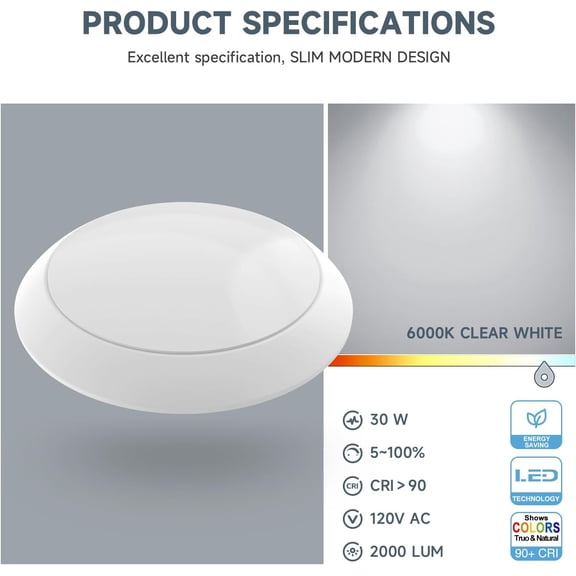 MINSUI-8 Inch LED Flush Mount Ceiling Light Fixture, 30W Dimmable LED Disk Lights, 6000K Clear White, 2000Lm, Surface Mount Lighting Fixture for Garage, Kitchen, ETL & FCC Listed, White