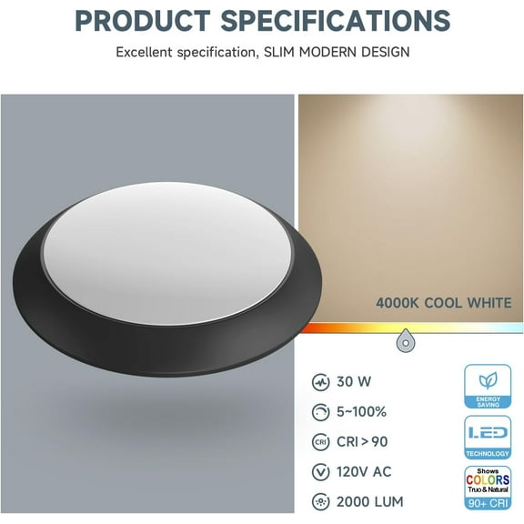 MINSUI-8 Inch LED Flush Mount Disc Light, 30W 2000Lm, 4000K Cool White, Dimmable Low Profile Surface Ceiling Light for Kitchen, Bedroom, Bathroom, ETL&Energy Star Approvel, Black