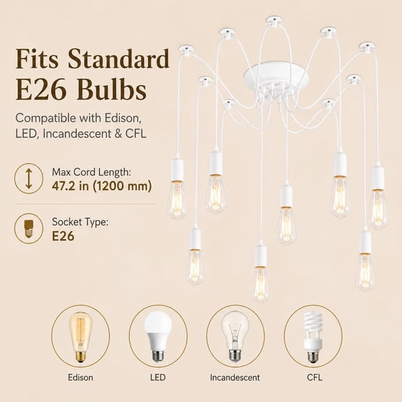 MINSUI-8-Light Spider Pendant Chandelier, Adjustable 48.4" Cords, E26 Sockets, White Modern Farmhouse Multi-Light Ceiling Fixture for Kitchen Island, Dining Room & Entryway