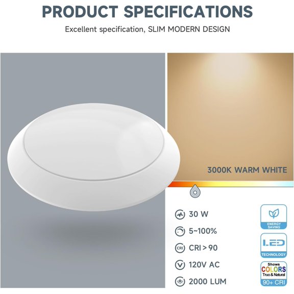 MINSUI-8 inch LED Dimmable Disk Light, 30W, 2000 Lm, 3000K Warm White, Surface Mount LED Ceiling Light, Wet Rated, Aluminum Baffle Trim, ETL Listed, White