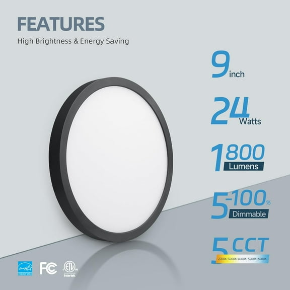 MINSUI-9" Black LED Flush Mount Ceiling Light, Dimmable 5CCT Selectable Round Flat Panel Light, 24W 1800LM, Low Profile Ceiling Light Fixtures for Hallway, Kitchen, Bedroom, Porch, 2 Pack