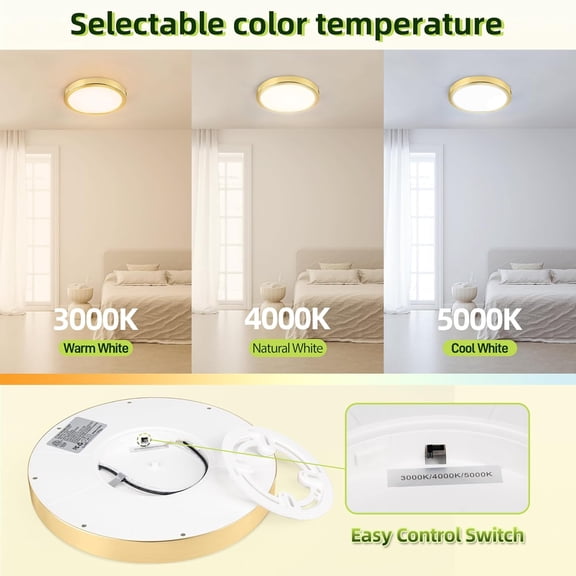 MINSUI-9 Inch Selectable CCT LED Round Flat Panel Light, 18W 1800LM 3000K/4000K/5000K, Edge-Lit Flush Mount Ceiling Light Fixture for Kitchen, Bedroom, Laundry and Closet Room, Gold