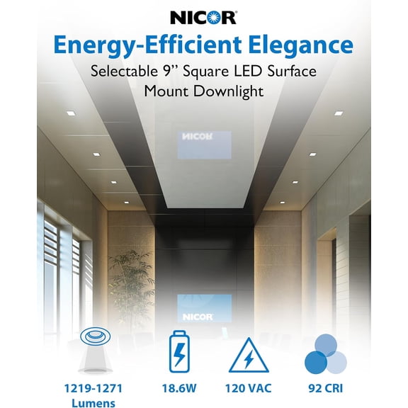 MINSUI-9 Square LED Surface Mount Ceiling Light - Dimmable Ceiling Light for Kitchen - Selectable CCT 2700K-5000K, 1219-1271 Lumens, 18.6W - DSE Edge-Lit Downlights for Ceiling, White by NICOR