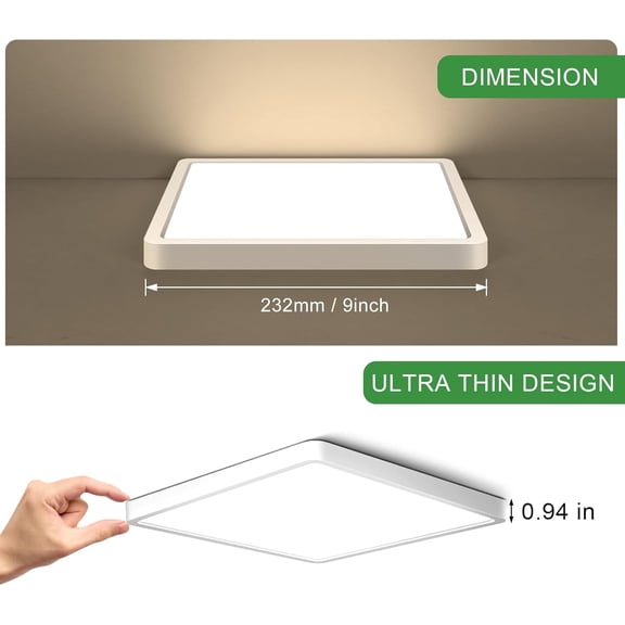 MINSUI-9Inch 18W Square LED Ceiling Light Fixtures Flush Mount, 2800K Warm White LED Ceiling Lamp, Surface Mount Modern Ceiling Lights, Slim Flat Panel Lighting for Bedroom, Kitchen, Bathroom Etc.