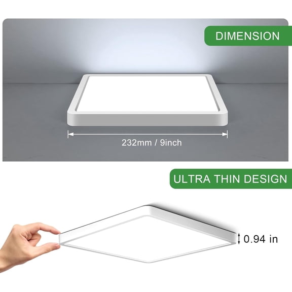 MINSUI-9Inch 18W Square LED Ceiling Light Fixtures, Flush Mount, Modern, White, 6000K Cold White, 1800LM, Kitchen, Bathroom, Bedroom
