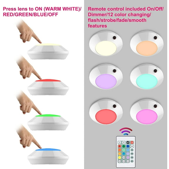 MINSUI-Battery Operated LED Ceiling Light, Remote Controlled, 12 Color Changing Mood Light, Hallway Lighting, Dimmable Night Light for Shower Closet Bedroom Corridor Bathroom, 2 Pack