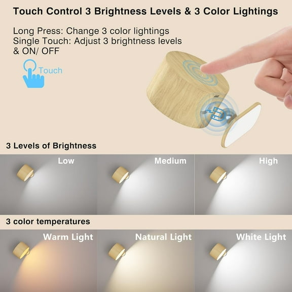 MINSUI-Battery Operated Wall Light, LED Wall Sconce with 3 Color Modes, 3 Brightness Levels, 360 Rotation, Touch Control, Cordless Wall Lamp for Bedroom, Reading, Bedside - 1 Pack