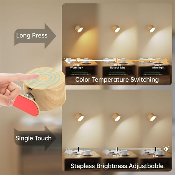 MINSUI-Battery Operated Wall Sconces Set of 2, Magnetic Cordless LED Wall Lights with 3 Color Temp & Dimmable Touch Control, 360 Rotating Rechargeable Wall Lamp, Reading Light for Bedroom & Bedside
