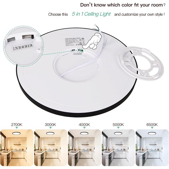 MINSUI-Black LED Flush Mount Ceiling Light, 24W 3200LM 5CCT Dimmable LED Ceiling Light Fixture, 2700K/3000K/4000K/5000K/6500K, 12 Inch Ultra Thin Ceiling Lamp for Bedroom, Dining Room, 1 Pack
