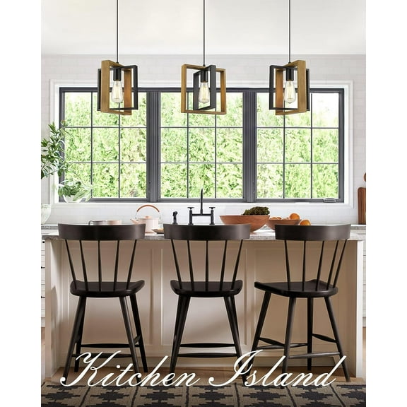 MINSUI-Black Pendant Lighting Modern Pendant Light, Adjustable Pendant Light Fixture,Pendant Lights Kitchen IslandLight (2 Packs Wood+Metal Pendant Light)