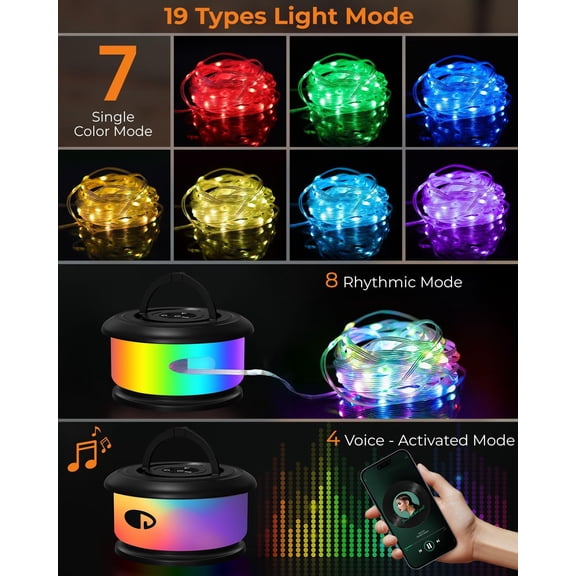 MINSUI-Camping String Lights, Retractable 32.8ft RGB Flash Lamp, Rechargeable Fairy LED Rope Lights Outdoor Waterproof, Portable Hanging Lantern for Outside Tent Patio Awning Garden RV Essentials