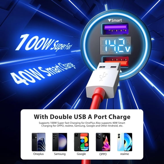 MINSUI-Car Charger for SuperVooc 100W 80W for OnePlus 13 15 13R 12R 12 11 10 Pro, 65W Charger for OnePlus Nord N30 N100 Open Pad 9 Pro 8 7T 6T 6 LED Display Dual USB Car Charge Adapter 3.3FT Fast Cab
