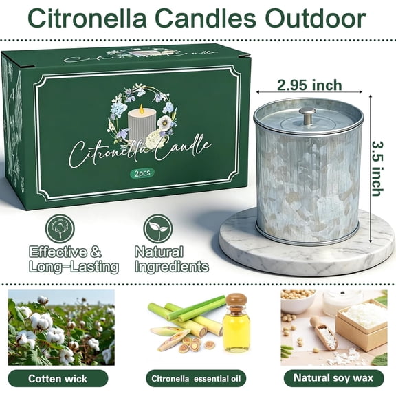 MINSUI-Citronella Candles Outdoor, 2 Pack 8oz Each, Natural Soy Wax with Citronella Oil, Long-Lasting 60H Burn Time, Silver Tin Candle Set for Patio, Garden, Deck, Backyard, Camping, Summer Nights