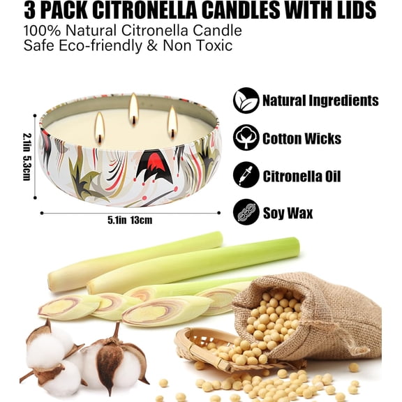 MINSUI-Citronella Candles Outdoor, 3 Pack 12oz Large Candle 3-Wick Natural Soy Wax Summer Scented Natural Set Soy Wax with 240-Hour Burn Time (Red)