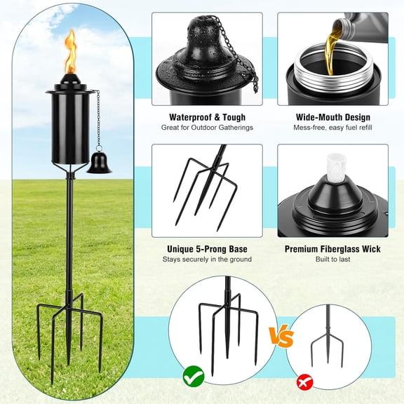 MINSUI-Citronella Torches for Outside, 5-Prong Grounded Stake Outdoor Torches, 16 Oz Large Capacity Metal Garden Torches for Patio Yard Lawn Pathway Party Decor (Metal Torch State 2Pack)
