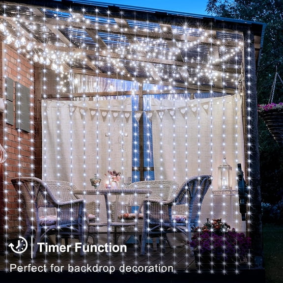 MINSUI-Curtain Lights Battery Operated, 200 LED Curtain Fairy Lights 6.66.6ft with Remote Timer Outdoor Wall Light Fully Waterproof for Wedding Backdrops Bedroom Decor (Cool White)