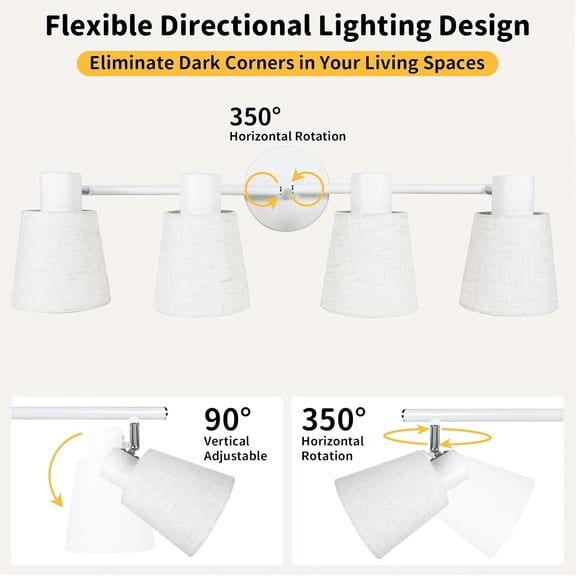 MINSUI-Directional 4-Light Track Lighting, White Farmhouse Fabric Ceiling Light Fixture, Modern Flush Mount Spotlight for Kitchen, Bedroom, Living Room, E26 Base (Bulbs Not Included)