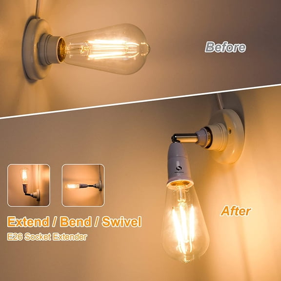 MINSUI-E26/E27 Light Socket Extender180 Degree Bendable, Extension Socket Extender Adapter, E26/E27 to E26/E27 Adjustable Extension, Flexible Medium Light Bulb Socket Converter (5.5inch 4-Pack)