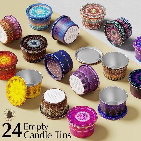MINSUI-Empty Candle Tins for Making Candles, 24 Pack 2.5 oz Metal Containers, Travel-Friendly Rust-Proof Tins with Lids, 24 Patterns Jars(Colourful)