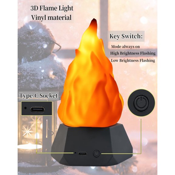 MINSUI-Fake Fire Lamp,3D Rechargeable Travel Night Light with Cozy Lighting,3-Mode LED Fake Fireplace Candles for Apartment Patio Decor Outdoor Camping Decorations