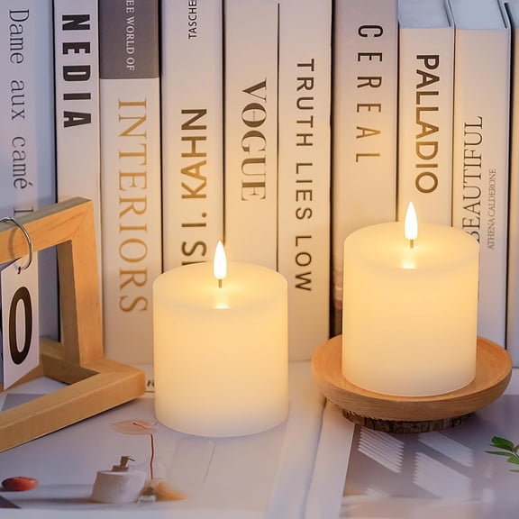 MINSUI-Flameless Candles Set of 2 (3x3 inch) Flickering LED Real Wax Candles Battery Operated with Remote Control Timers for Fireplace Bedroom Livingroom Party Dimmable White Pillars Flat top