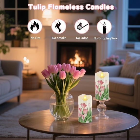 MINSUI-Flameless Candles Set of 2, 6"x3" Flickering Tulip LED Candles with Remote & Timer, Dimmable Real Wax Electric Pillar Candles Battery Operated, Birthday Gift Mother's Day Gift for Mom Women (T