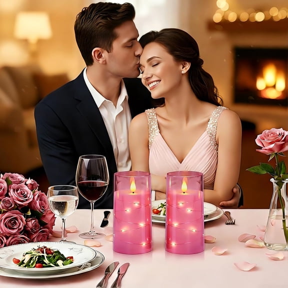MINSUI-Flameless Pink Candles with Embedded Star String Fairy Lights, Battery Operated Candles, LED Candle, Fake Candles with Remote Control and Timer, Set of 2(H 6" 6")