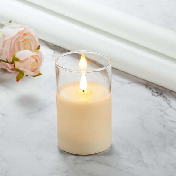 MINSUI-Flickering Flameless Candles, Battery Operated Candles with 3D Wick, Last 1000+ Hours LED Candle with Remote and Timer, Rechargeable Candle Real Wax White Glass, Home Decor 3" x 6"