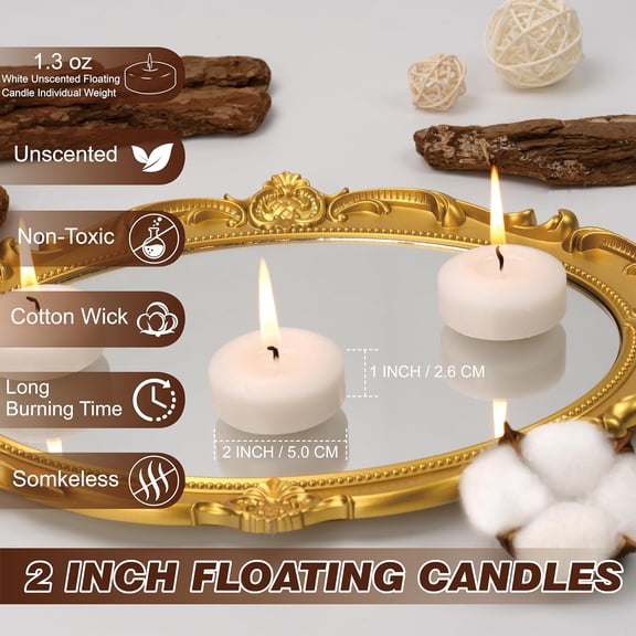 MINSUI-Floating Candles 2-Inch - 24 Pack White Unscented Floating Candles Smokeless Slow Burning Water Candle Set for Centerpieces Wedding Party Gifts Home Decor
