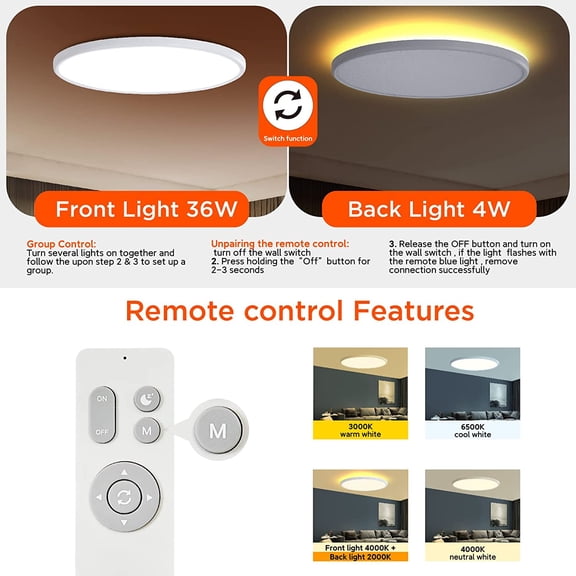 MINSUI-Flush Mount Ceiling Light with Remote,3000K-6500K Adjustable,2000K Nightlight,18 Inch, Led Low Profile Ceiling Lights for Bedroom, Living Room, Kitchen, White