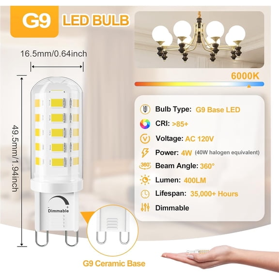 MINSUI-G9 LED Bulbs Dimmable, 40 Watt Equivalent T4 Chandelier Light Bulb, 6000K Daylight White 400 Lumens, Bi-pin G9 Base, 4W LED Bulb 360 Degrees Beam Angle, 10 Pack