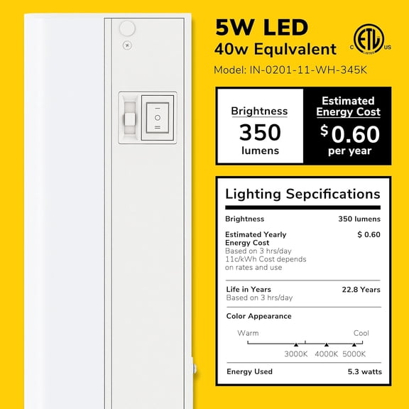 MINSUI-Getinlight 12-inch Hardwired Only 3 Color LED Under Cabinet Lighting, Selectable 3000K/4000K/5000K, Dimmable, Matte White Finished, ETL Listed, IN-0201-11-WH-345K