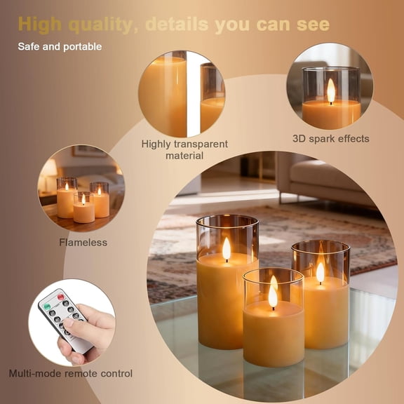 MINSUI-Gold Flameless LED Candles with Remote & Timer, 3-Piece Flickering Pillar Candle Set, Realistic Flame Effect, Adjustable Brightness, Battery Operated Candles for Home Decor, Wedding & Holiday
