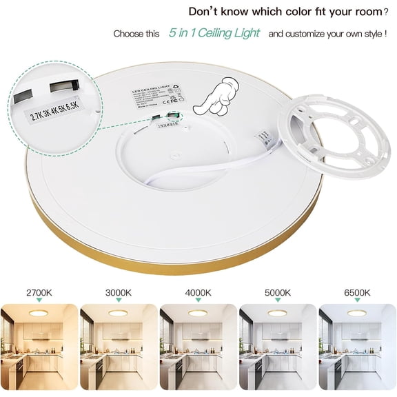 MINSUI-Gold LED Flush Mount Ceiling Light Fixture, 12 Inch 24W, Super Slim 0.67 Inch 3200LM LED Ceiling Lights, Dimmable & 2700K-6500K 5 Color in One Ceiling Lamp for Bedroom, Porch, 2 Packs